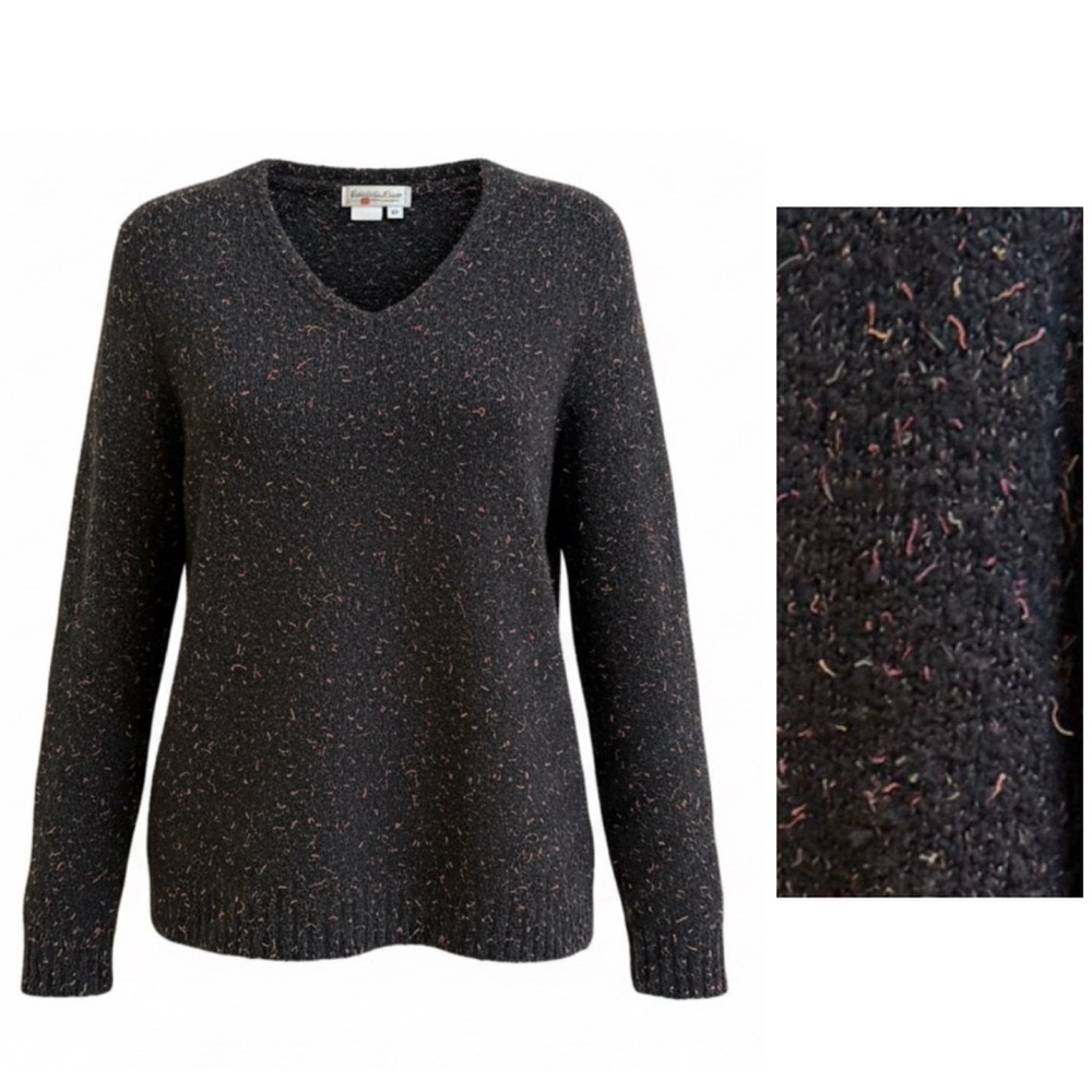 Coldwater Creek Women's Black Speckled V-Neck Sweater Size Medium Cozy Colorful